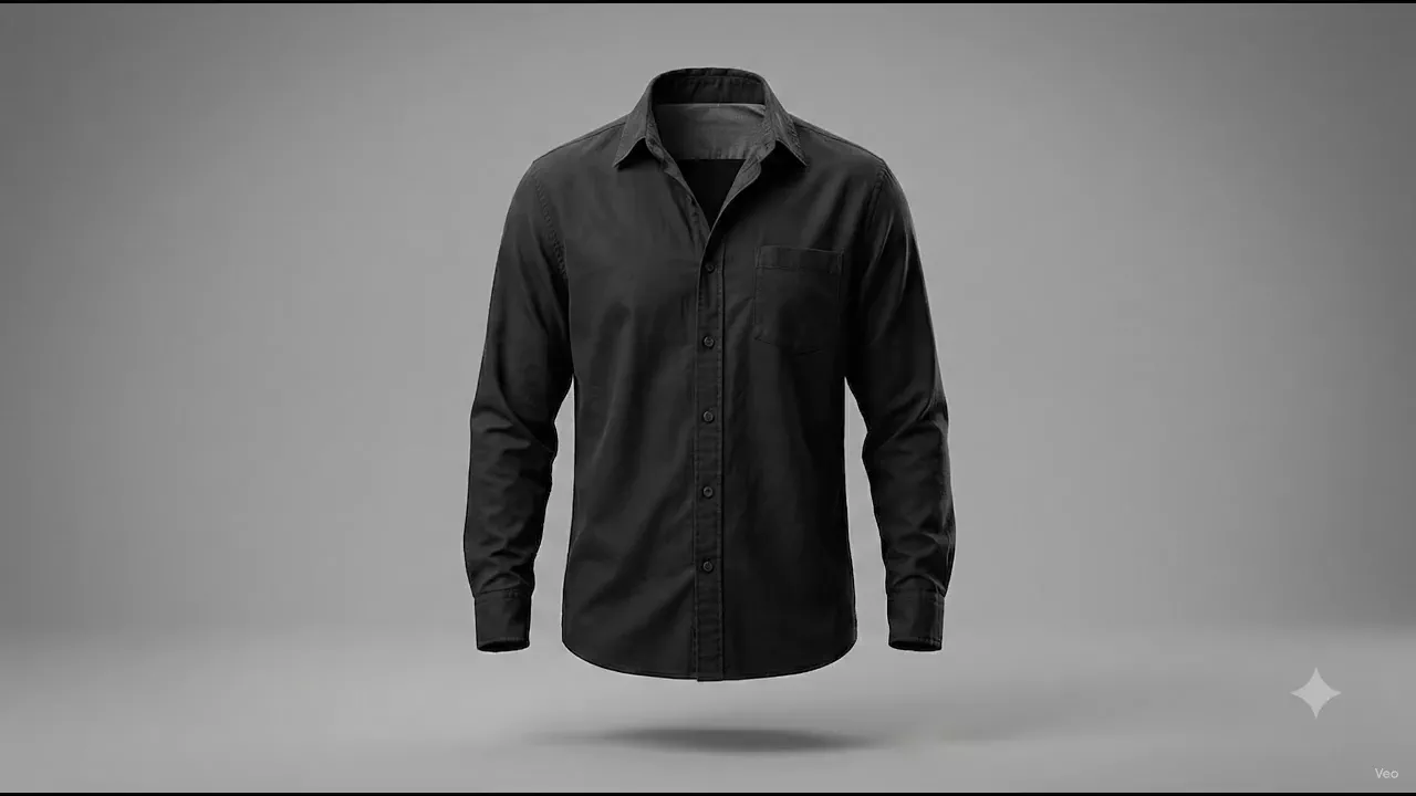 A black button-up shirt in a softly lit studio.